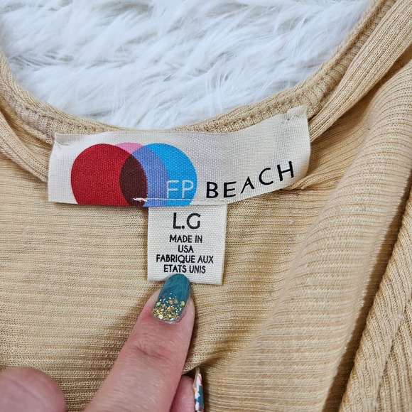 Free People Beach Women's Cream Ribbed V-neck Flax Blend Kaftan. Size L - Picture 3 of 5